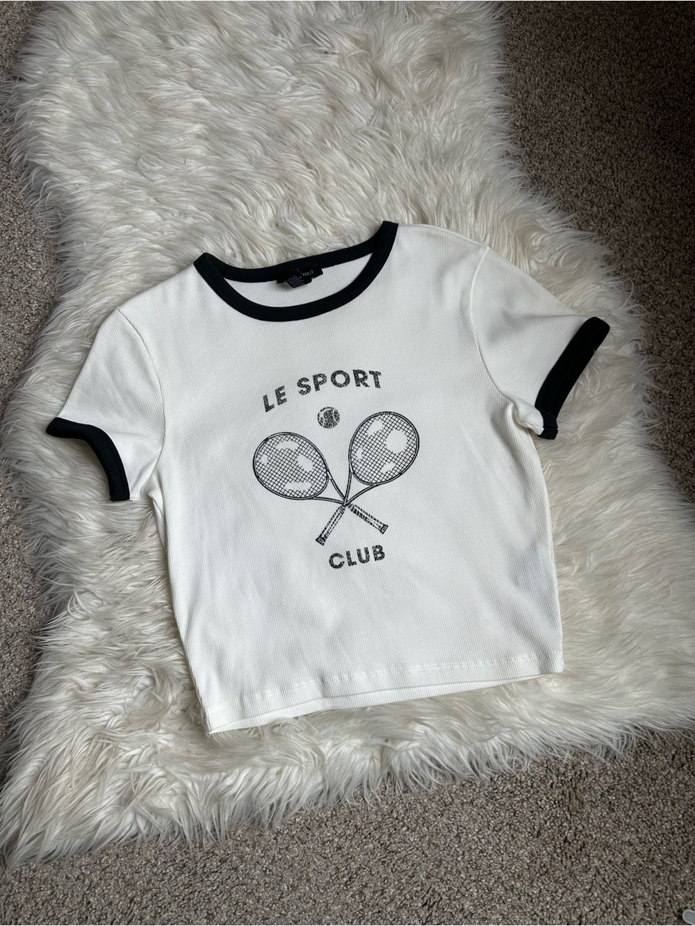 Forever 21 White Ringer Tee with Black Trim and Tennis Graphic